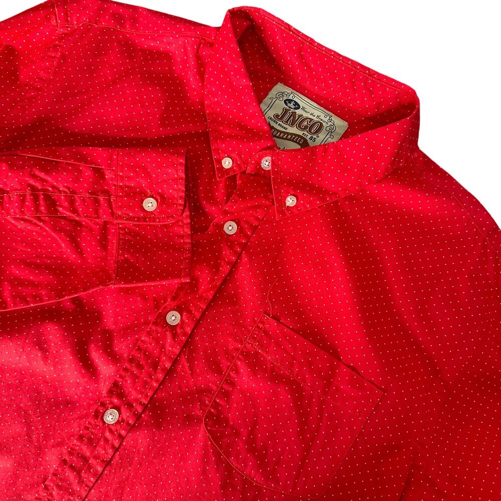 JNCO Men Button Down Long Sleeve Shirt Size XL Red White Polka Dot Cotton Casual